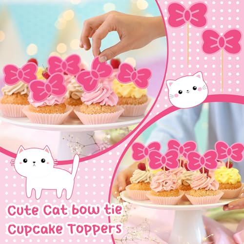 24 Pcs Pink Cat Cupcake Toppers with Bows for Birthday Party Decor