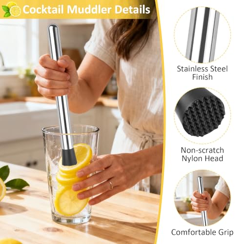 Okxiri Stainless Steel Cocktail Muddler Set - 3 Sizes for Drinks & Mojitos