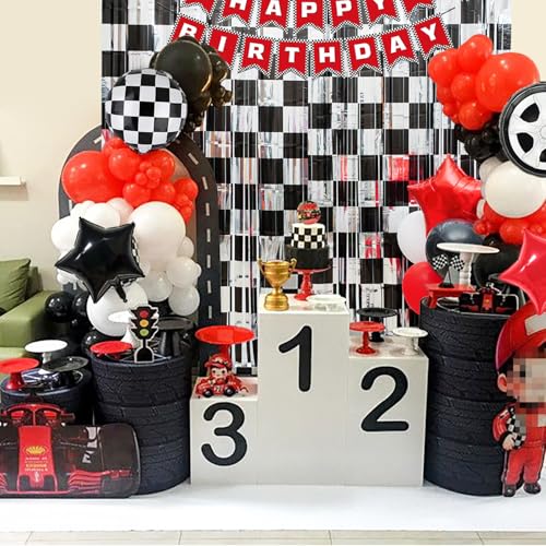 Black Silver Checker Streamer - 2 Pack Race Car Party Backdrop Curtains
