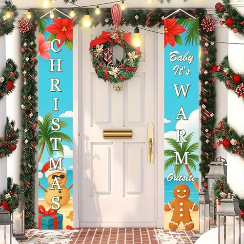 Tropical Christmas Porch Banners - Beach Snowman & Gingerbread Man