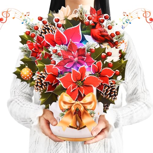 Musical Pop-Up Christmas Card with Lights - 12 Inch Poinsettia Bouquet, Flower Variation