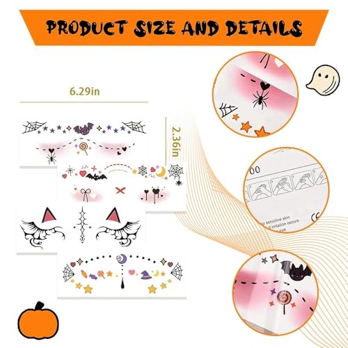 Ancnoz Cute Face Temporary Tattoos Halloween Makeup Stickers 4Pcs