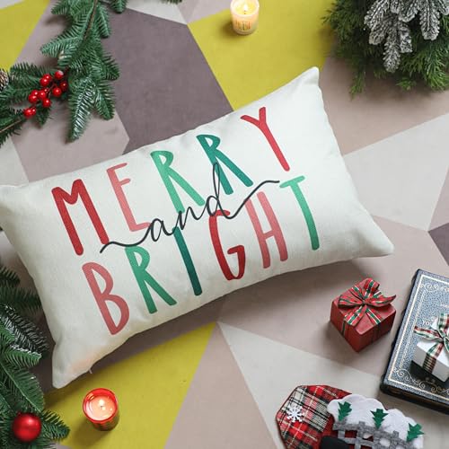 Merry Bright Christmas Pillow Cover 12x20 Holiday Decorative Throw Pillowcase
