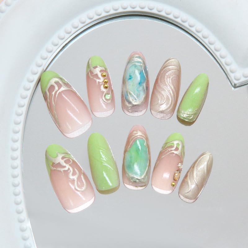 Light Green Press on Nails Medium Almond 3D Gilding Acrylic False Nails