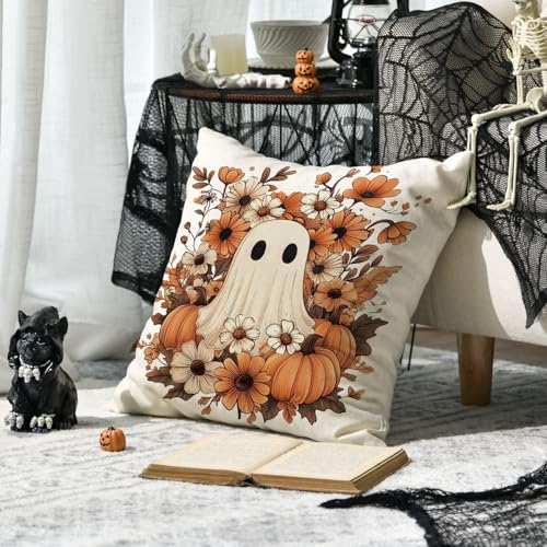 Halloween Ghost Pumpkin Throw Pillow Cover - 18x18 Inch Polyester Cushion
