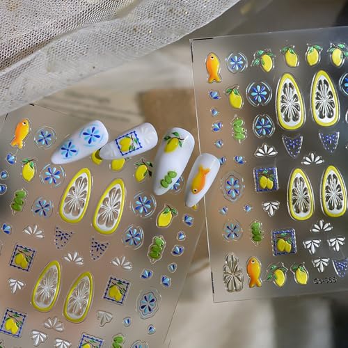 5D Embossed Summer Fruit Nail Stickers Self-Adhesive Lemon Tropical Decals