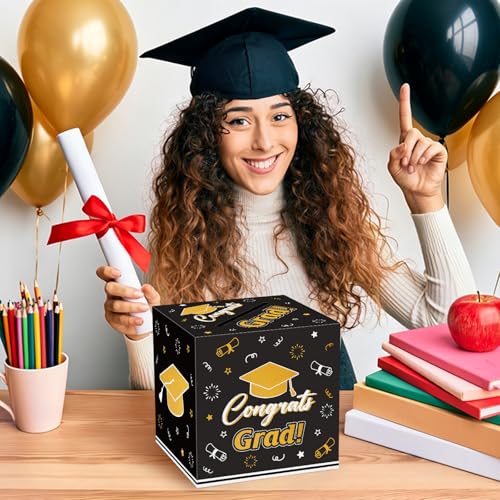 Lemicin Graduation Card Box Holder 2026 - Black & Gold Congrats Grad Party Decoration