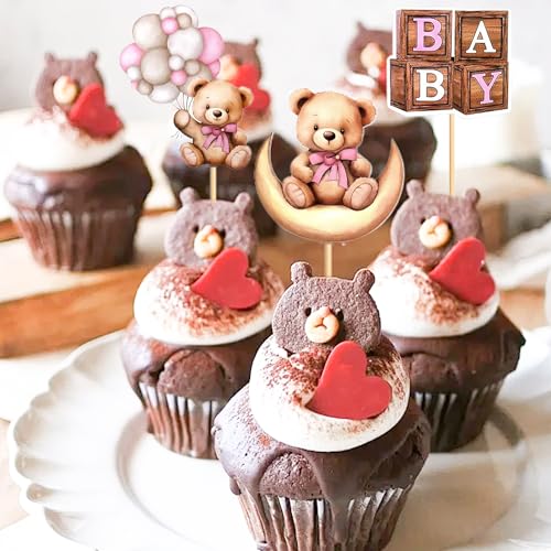 24 Pink Bear Cake Toppers for Baby Shower & Birthday Parties
