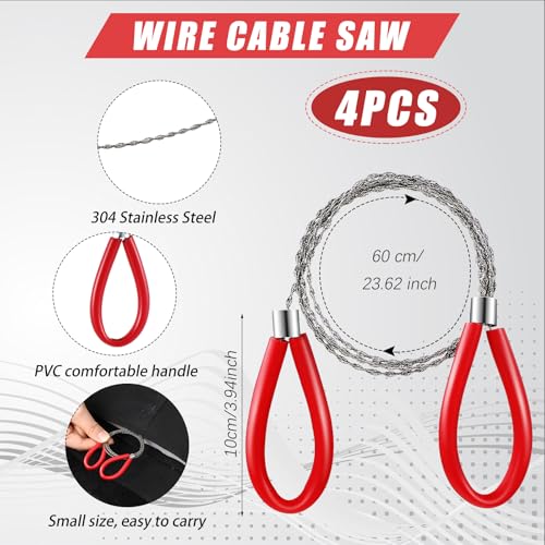 4 Pcs Stainless Steel Cable Saw, Metal Wire Saw Hand Pocket String Emergency Survival Rope Cutting Tools PVC Pipe Cutting Tool for Wood Camping Hiking Hunting, 23.62 Inch(Red)