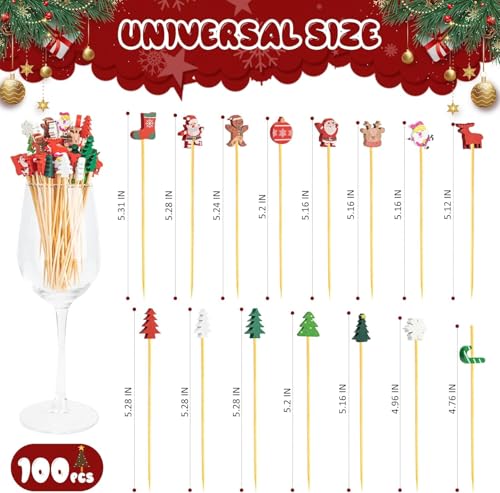 Christmas Cocktail Picks Set - 100 Natural Bamboo Skewers with 15 Holiday Designs - Festive Party Supplies
