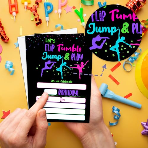 Neon Glow Gymnastics Birthday Invitations - 20 Fill-In Cards with Envelopes