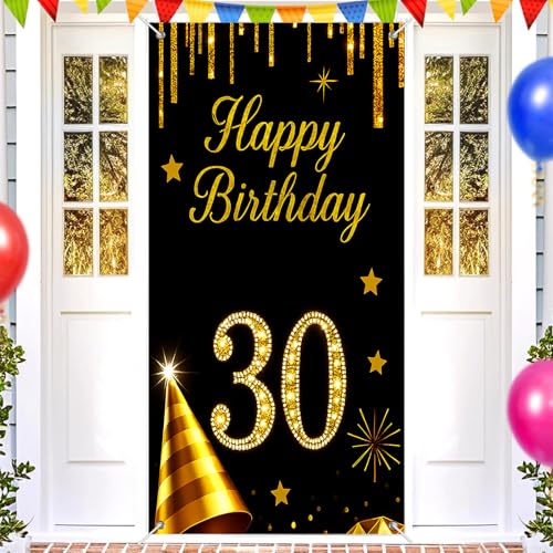BlissYard 30th Birthday Door Cover 35x71 Inch Black and Gold Decor