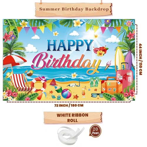 Happy Birthday Tropical Beach Backdrop - Hawaiian Luau Party Banner, 71 x 43 Inch