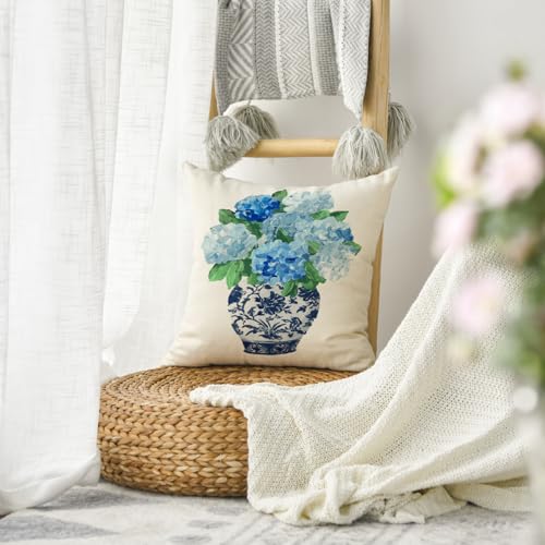 Chinoiserie Floral Throw Pillow Cover 18x18 - Blue & White