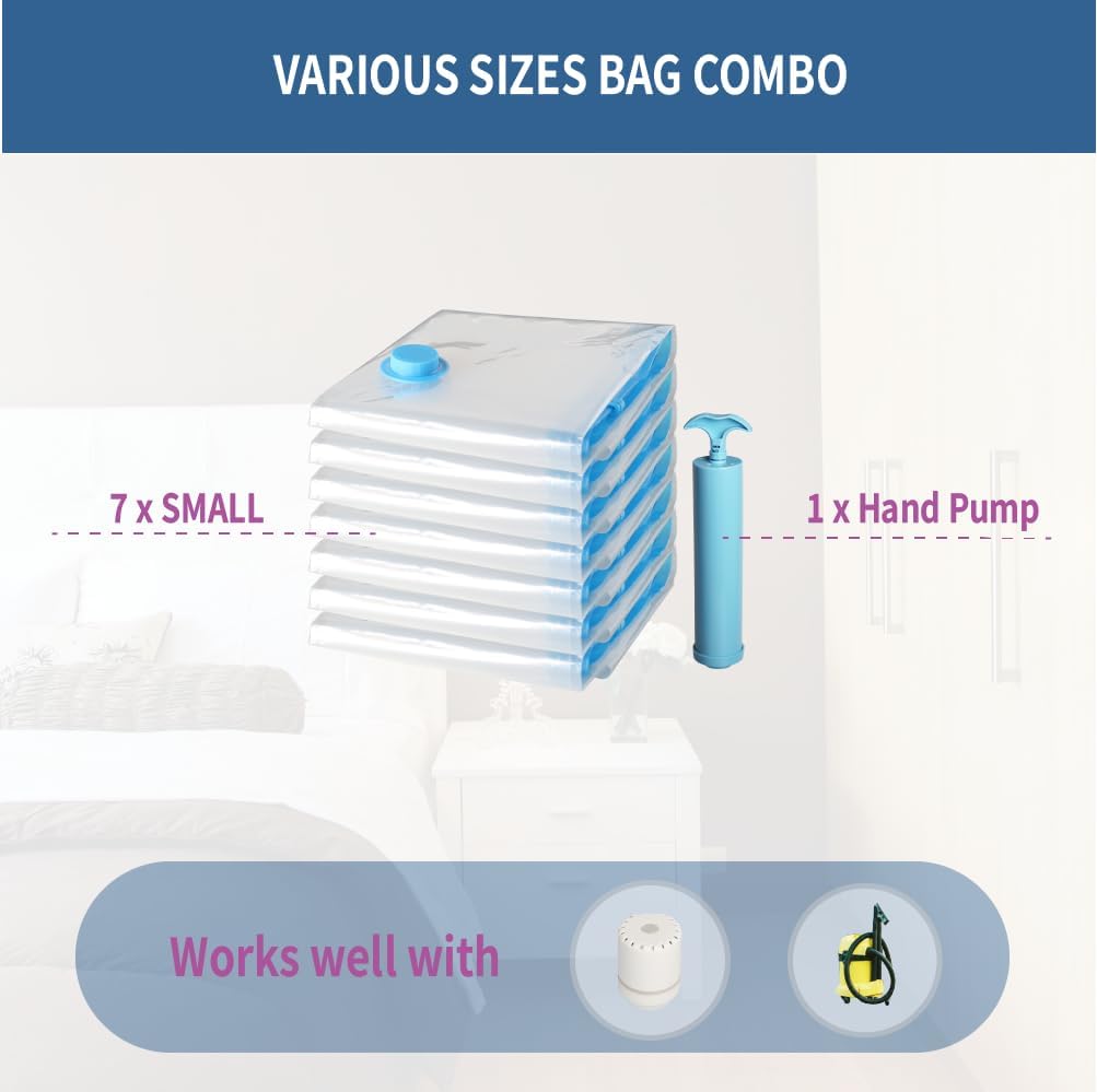 Skiennix Vacuum Storage Bags - 7 Pack Space Saver for Clothing & Travel | Includes Hand Pump
