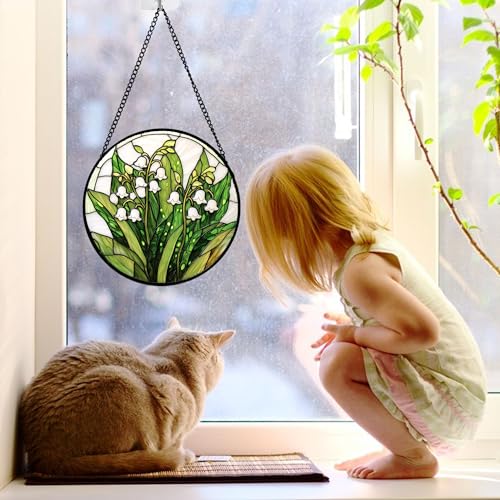 Lily of the Valley Stained Glass Window Hanging Suncatcher - White and Green, 7.8 Inch