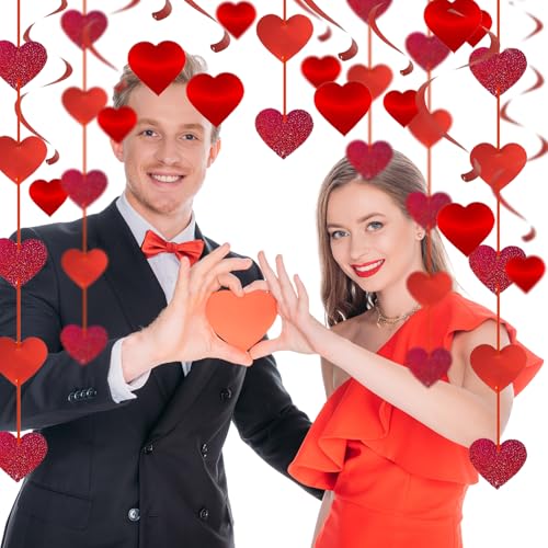 36Pcs Valentine's Day Hanging Swirls Red Glitter Heart Decorations