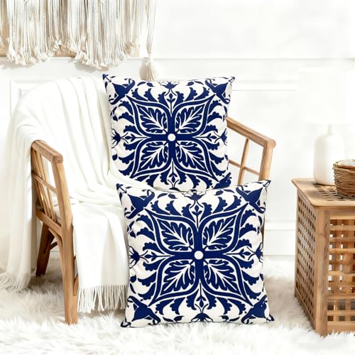 Boho Farmhouse Throw Pillow Covers Set of 2 - 18x18 Inch Blue Floral