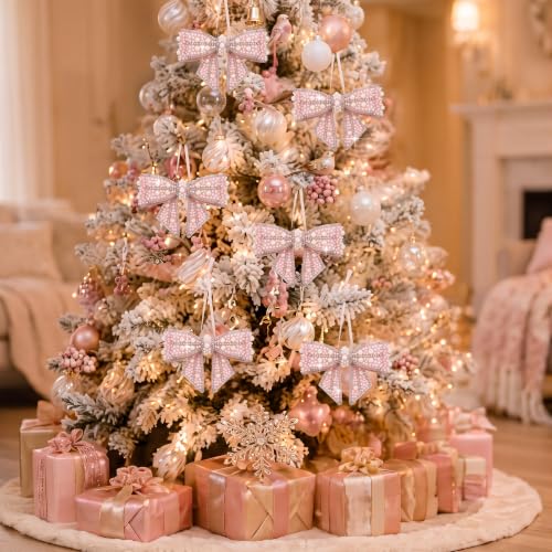 6 Pcs Pearl Bow Christmas Tree Ornaments with Hanging Ribbon - Pink