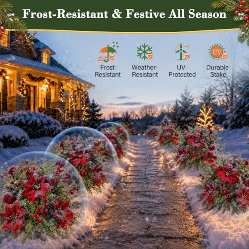Artificial Poinsettia Flowers with Velvet Balls for Christmas Decor - 2 Pack, Cedar & Velvet Ball Variation