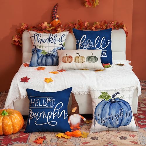 Blue Pumpkin Fall Pillow Covers 18x18 Inch, Set of 4 Buffalo Plaid Autumn Decor