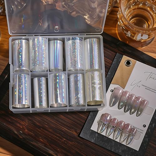 OSTTMA 10PCS Aurora Nail Foil Transfer Stickers Holographic Mermaid Design