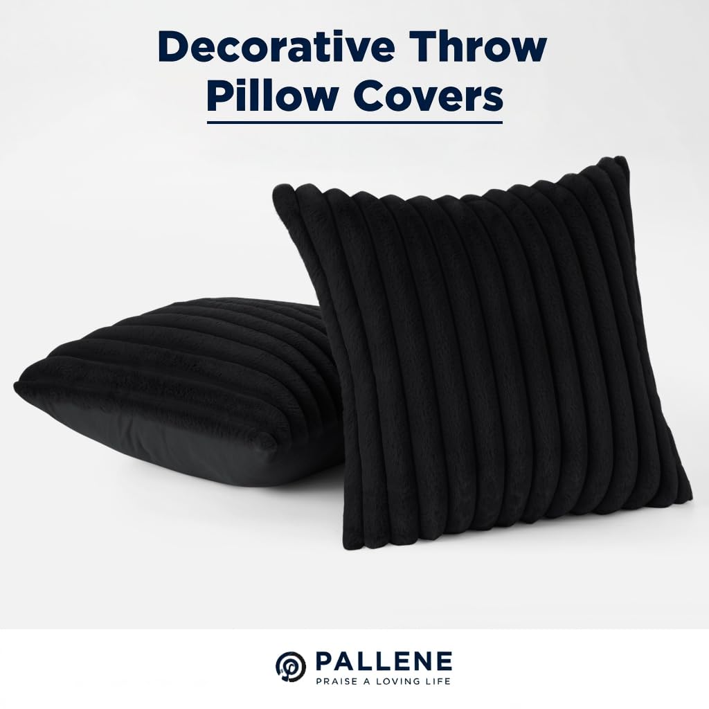 Pallene Faux Fur Plush Throw Pillow Covers 18x18 Set of 2, Luxury Soft Fluffy Striped Decorative Pillow Covers for Sofa, Couch, Living Room, Black
