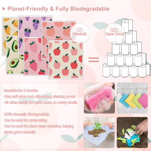 Super Absorbent Swedish Dishcloths 6-Pack - Biodegradable Kitchen Towels with Fruit Prints