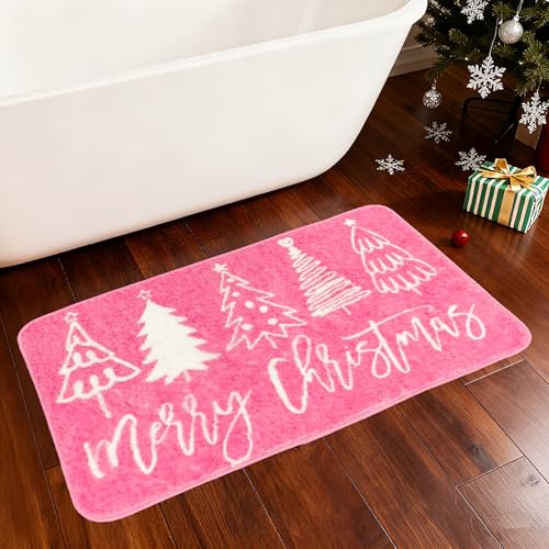 Pink Christmas Bathroom Rug 31.5x19.7 Inch Non-Slip Bath Mat with Xmas Tree Pattern