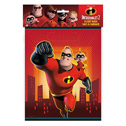 The Incredibles Birthday Party Supplies Bundle Pack Includes 16 Paper Plates, 16 Napkins, 12 Piece Hanging Swirl Decorations, 16 Loot Bags, 8 Sticker Sheets