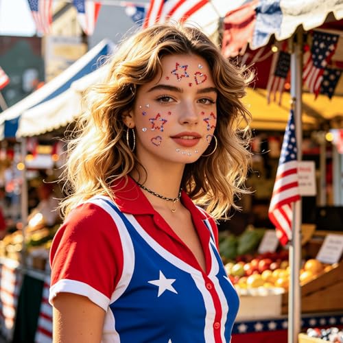 Doneace 4th of July Star Face Gems - Patriotic Self-Adhesive Rhinestones for Face, Body, and Hair (4-Pack)