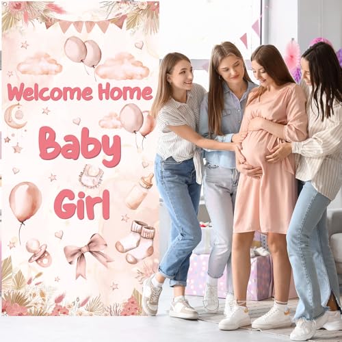 Welcome Home Baby Girl Banner - Pink Boho Rainbow Baby Shower Decoration