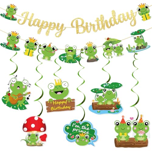 Frog Birthday Party Decorations Set with Glitter Banner and Hanging Swirls
