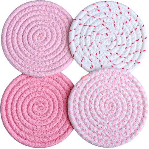 4.8 Inch Large Pink Coasters Set of 4 - Handmade Absorbent Fabric