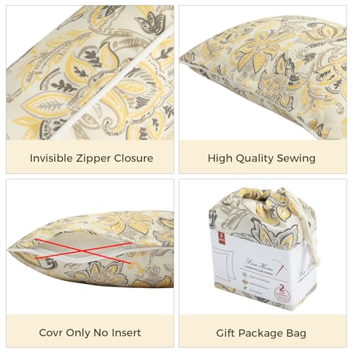 FUNHOME Outdoor Water Resistant Lumbar Pillow Covers 12x20, Set of 2 - Yellow Floral