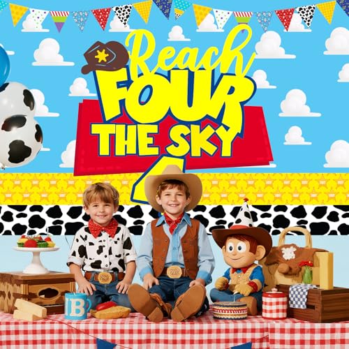 Reach for the Sky Birthday Backdrop - Clouds & Cartoon 4th Party Decoration