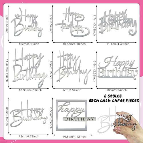 24PCS Silver Happy Birthday Cake Toppers | Mirrored Acrylic Decorations Set