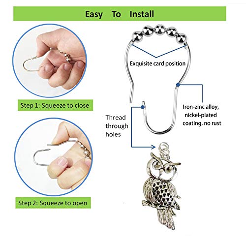 Antique Owl Shower Curtain Hooks - Rust Proof Nickel Rings for Bathroom Decor