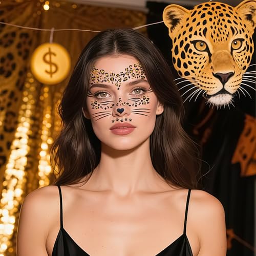 Leopard Face Temporary Tattoos 2-Sheet Halloween Fake Tattoos for Kids and Adults