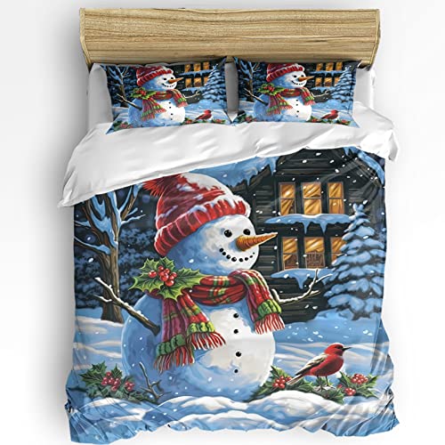 Blue California King Christmas Bedding Set Snowman Farmhouse Duvet Cover Comforter Cover