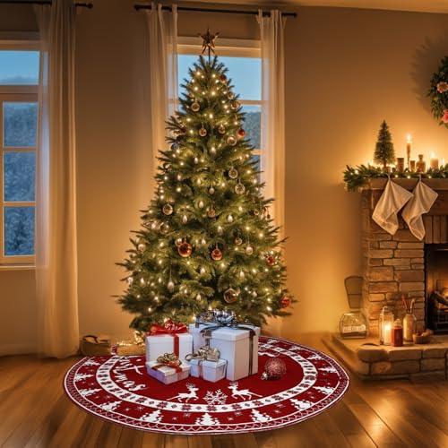 Reindeer Christmas Tree Skirt 60 Inch Knit Red & White Dual-Side Decorative Cover
