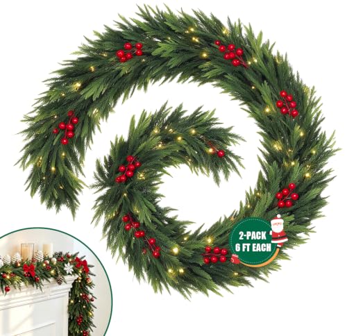 Christmas Garland with Lights 6FT Red Berries & Pine - Double Variation