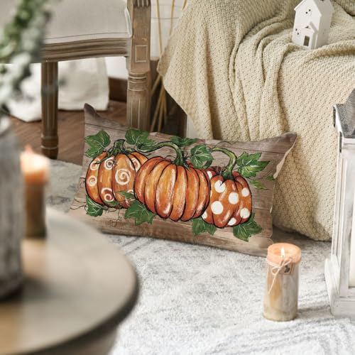 Fall Pumpkin Wood Grain Throw Pillow Cover 12x20 Inch