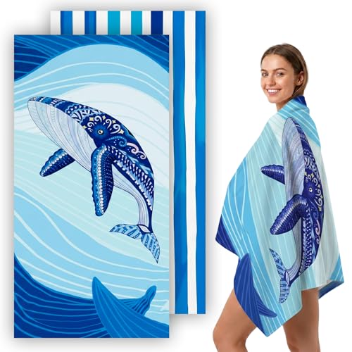 SpaceTime Whale Microfiber Beach Towel, Oversized Quick Dry Sand-Free Towel
