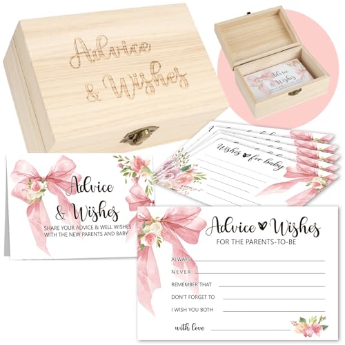 50 PCS Pink Bow Baby Shower Advice Cards with Wooden Keepsake Box