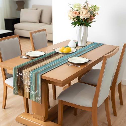 Farmhouse Blue Teal Table Runner 13 x 90 Inches Waterproof Linen for Thanksgiving