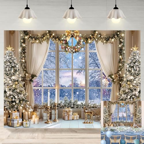 Christmas Window Backdrop White Winter Snow Forest Scene 7x5FT Xmas Photography Background Holiday Party Decor
