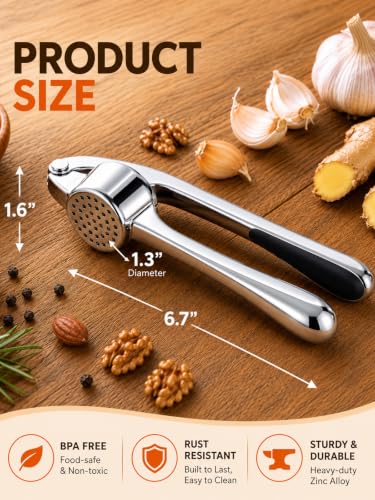 CUNSENR Silver Garlic Press and Peeler Set - Heavy Duty Mincer with Brush