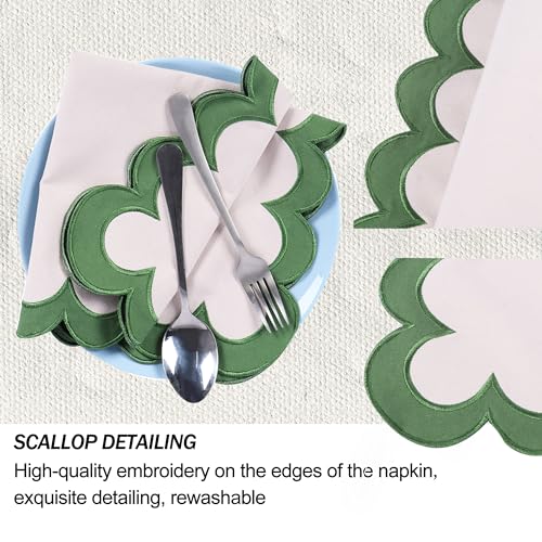 Beige with Green Trim Embroidered Cloth Napkins Set of 4 18x18 Inches
