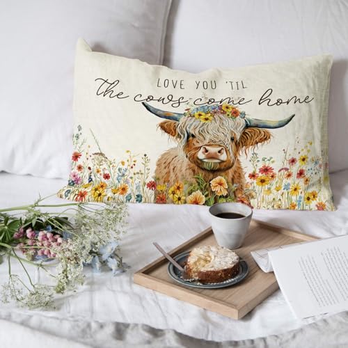 Highland Cow Wildflowers Lumbar Pillow Cover 12x20 Inch